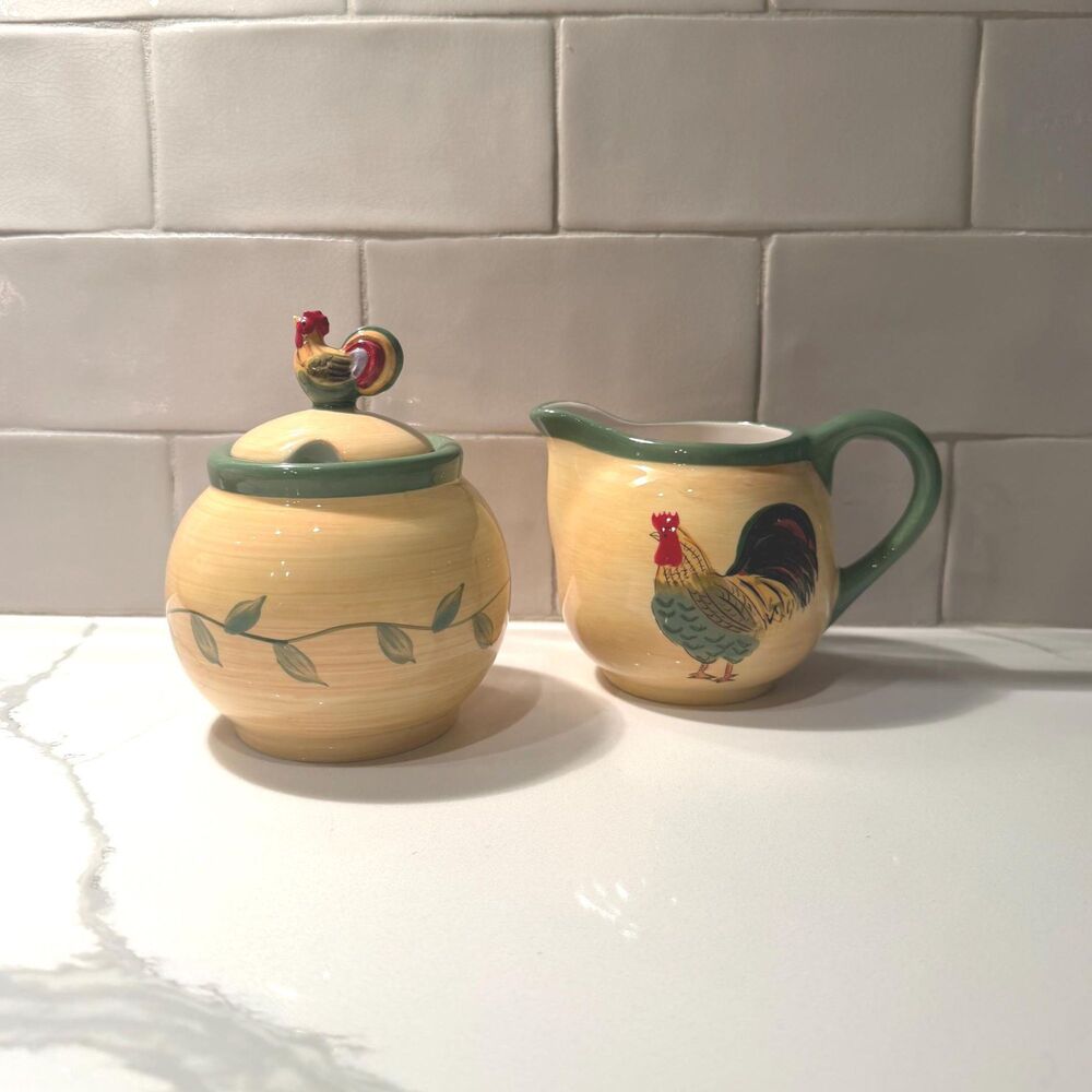 Pfaltzgraff Napoli Rooster hand-painted creamer and sugar bowl set